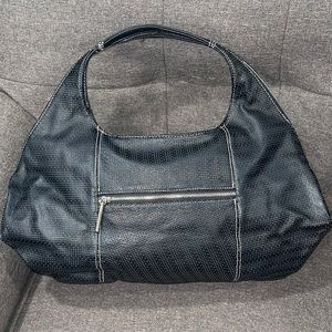 Heshe Large Black and Bronze Faux Leather Hand Shoulder Bag Hole Canvas Details